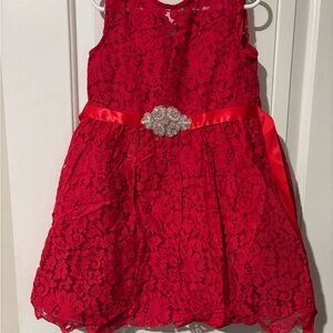 Rare Editions Red Lace Dress with Satin Waistband and Jewel Accent